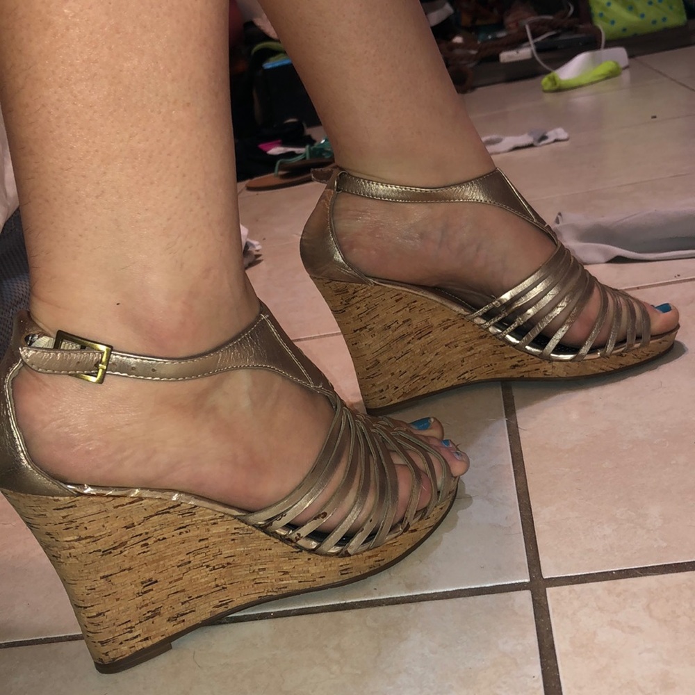 Cork wedge metallic heels